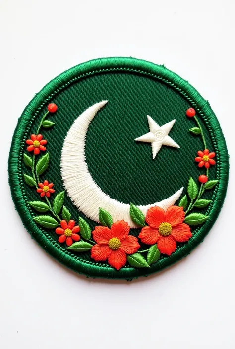 Create the patch Create a patch  circle with the flag the jasmine flowers and a pakistani aesthetic  Try to add more aspects of Pakistan but keep it nice and simple and understandable add the famous Pakistani rickshaw or colorful truck 