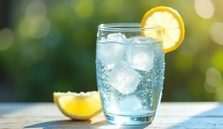 A crystal-clear glass of water with condensation droplets, sitting next to a slice of lemon, surrounded by a refreshing summer backdrop.