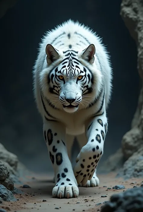 Is a combination of a wolf, a tiger, and a snow leopard. The image shows a robust white wolf, its fur has a leopard and white tiger design. Its full body is seen walking through a cave. With the posture of a wolf when it goes hunting.