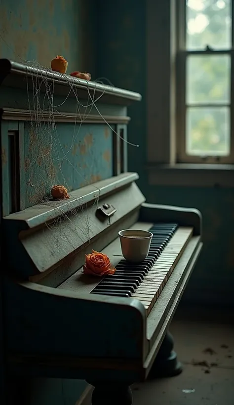 An old piano ,on the piano a cup of wine and dry rose only and spider web are on piano keyboard 