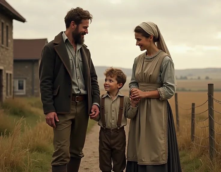  a young German  standing between his parents in the 1800s, captured in a moment of warmth and togetherness. The , likely around 8 or , is dressed in simple, traditional clothing: a linen shirt with long sleeves, tucked into woolen trousers that are slight...