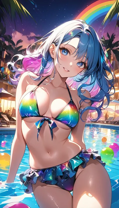 Ultimate aesthetics, Midnight Pool , Amazing rainbow reflections, The seductive swimsuit blooms in joy,  Immerse yourself in the afterglow of frenzied pleasure ,  Vivid ,  colorful ,  Vivid  fantasy pop art,  Transparent Full Color Coating , A beautiful po...