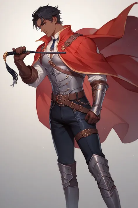  A young anime man with dark skin and muscular black hair with a red cape, high boots, and medieval armor ,  inspired by the style of Leon Belmont from Castlevania .  He wears a belt with a gold buckle ,  leather gloves ,  and holds a whip in his hand .  T...