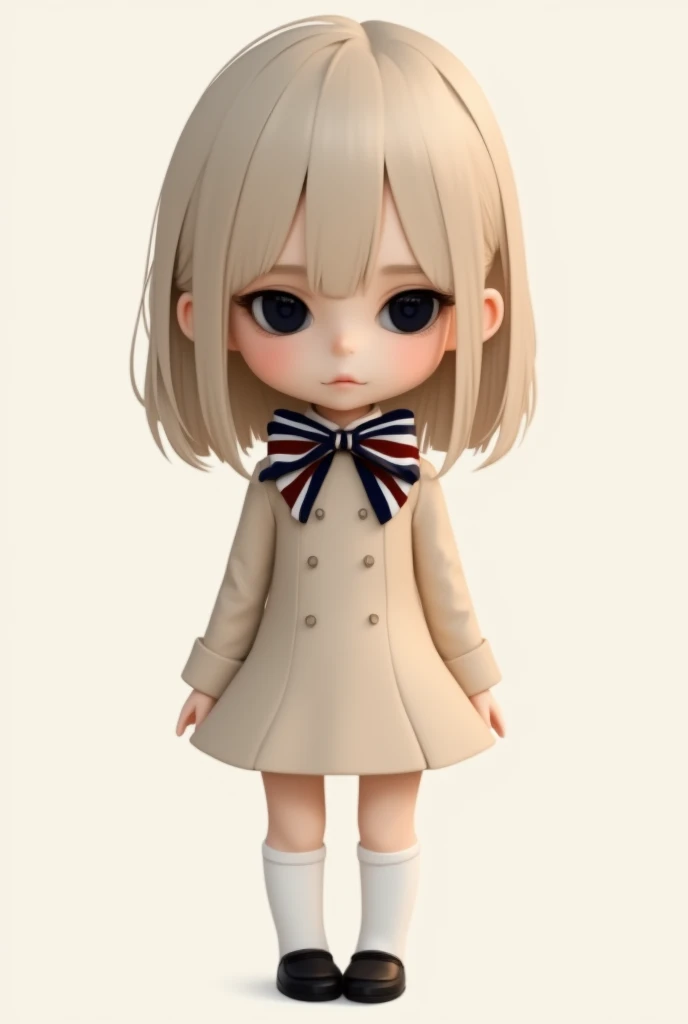 1girl, chibi cute. wearing a simple, elegant beige A-line dress with a large bow tie(Navy blue, white and red line ribbon) at the neck. white long socks and simple black shoes. straight, shoulder-length, blonde hair. The overall look should combine element...