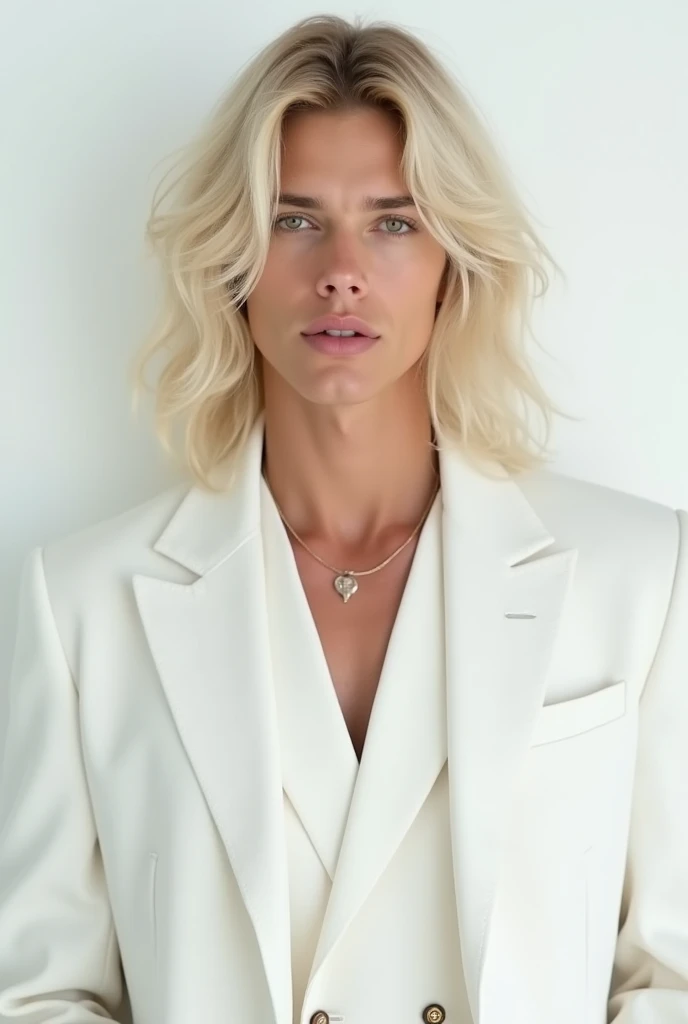  Very large white man , extremely beautiful and delicate, First shepherd, Branquinha,  pink lips ,  green eyes,  extremely silky shoulder-length blonde hair. Hes wearing a white suit .  white background. Ele é um homem! Jovem, 18 anos. Jovem e bonito. Home...