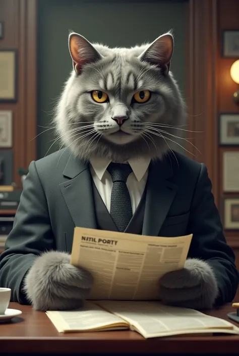 A gian grey cat with black wear formal reading news in news room in size of youtube standard 