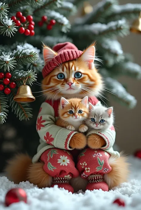 Christmas branches with snow and red berries, containing transparent bells covered with snow, fluffy ginger mama cat with blue eyes sitting and is wearing a knitted floral jacket and floral pants,red baret on her head,and papa fluffy cat holding a 3 fluffy...