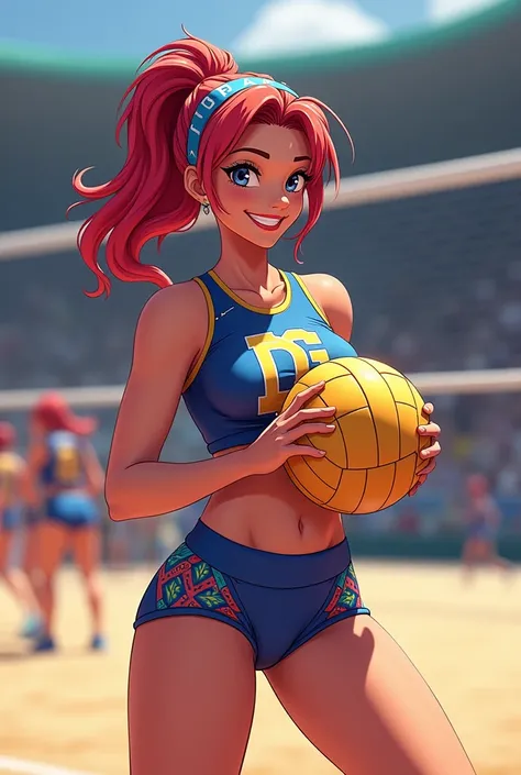 I want to create a papanoel volleyball player that has a logo with the letters DC on some part of his costume that looks nice and charismatic who wears a volleyball more please