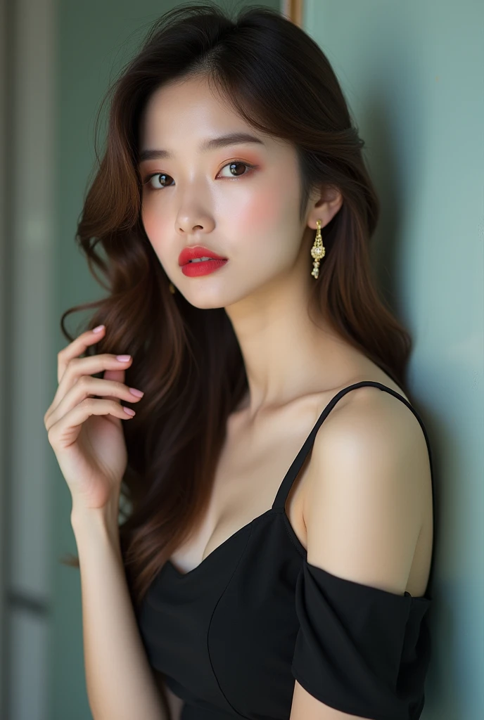 A beautiful Chinese female model with long, wavy brown hair. She is twenty years old with a Chinese face. She is wearing a black strappy square neck midi dress. She has cream eyeshadow and soft red lipstick. She appears quiet, indifferent, firm without a s...