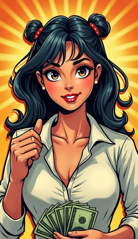 A vibrant comic book-style image of an adult American woman. She is wearing a discreet blouse, with a subtle smile, and collecting money. Her appearance includes traits of the Gemini zodiac sign, with dynamic and versatile elements. She has an expressive, ...