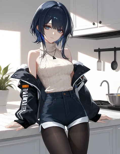  tights,    high definition   , One,  masterpiece fails,    top quality ,  duration, Homemade jacket, thin sweater,  short shorts ,  short hair , long hair on the sides, DARK BLUE HAIR, thin sweater, in the kitchen,  bare shoulders are visible, Chuzenji  (...