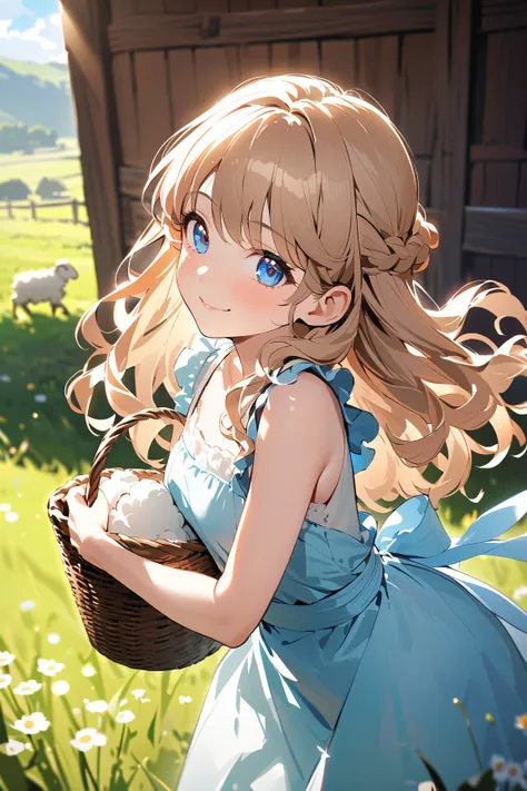 1 girl, (cute face), (shoulder-length curly hair:1.2), (blue eyes), small breasts, slim, (wearing a simple peasant dress), (with an apron), BREAK  
Rustic farm, rolling fields, (fluffy sheep grazing:1.2), (carrying a basket:1.2), bright daylight, outdoors,...