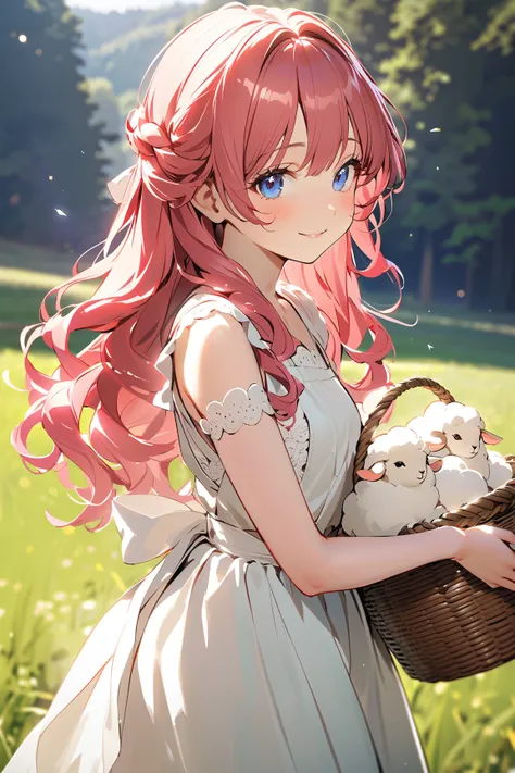 1 girl, (cute face), (shoulder-length curly hair:1.2), (blue eyes), small breasts, slim, (wearing a simple peasant dress), (with an apron), BREAK  
Rustic farm, rolling fields, (fluffy sheep grazing:1.2), (carrying a basket:1.2), bright daylight, outdoors,...