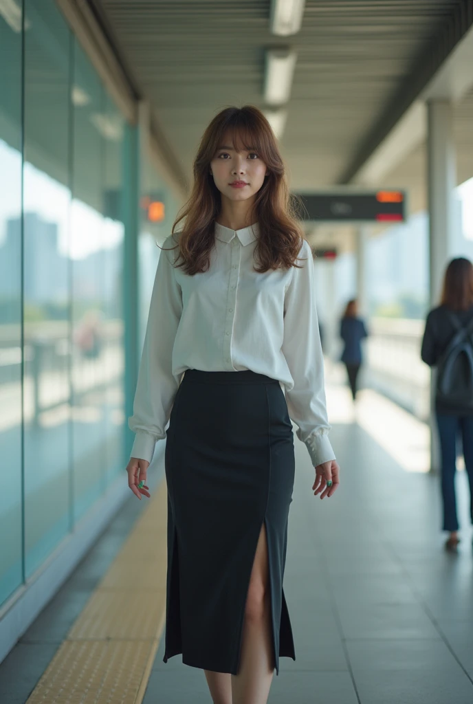 Highest quality, Realistic, Very detailed, finely, High resolution, 8k wallpaper, 1 beautiful woman in the Japan,, Light brown messy hair, Wear a dress shirt,Wearing a slit skirt、 Sharp focus, Perfect dynamic composition, finelyて美しい目, Thin Hair, smile, Mod...