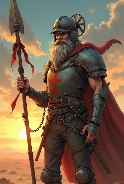 "Create in anime style a post-apocalyptic warrior inspired by Don Quixote, standing heroically in a vast, endless desert at sunset. The man is in his late 50s, gaunt and weathered, with sharp, angular facial features, a long, unkempt gray beard, and should...