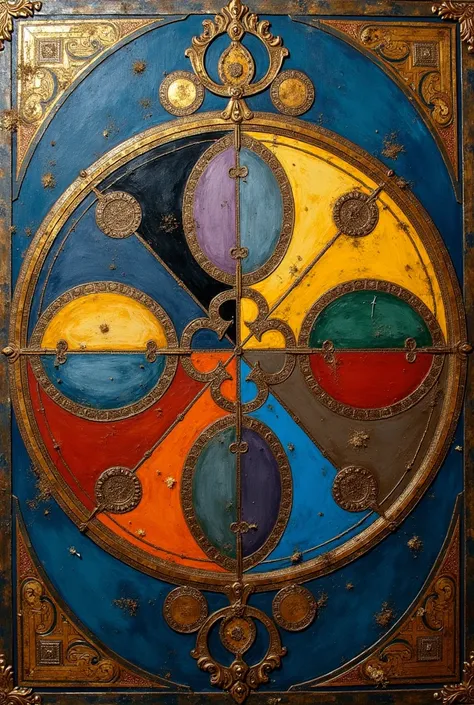  Close-up of an ancient magic book cover vertical view from above, depicts : The canvas is divided into asymmetrically: (((((9 sectors ))))  in a circle with colors : blue, black, yellow, grey, red, green,  purple ,  brown , blue).  Semicircular intricate ...