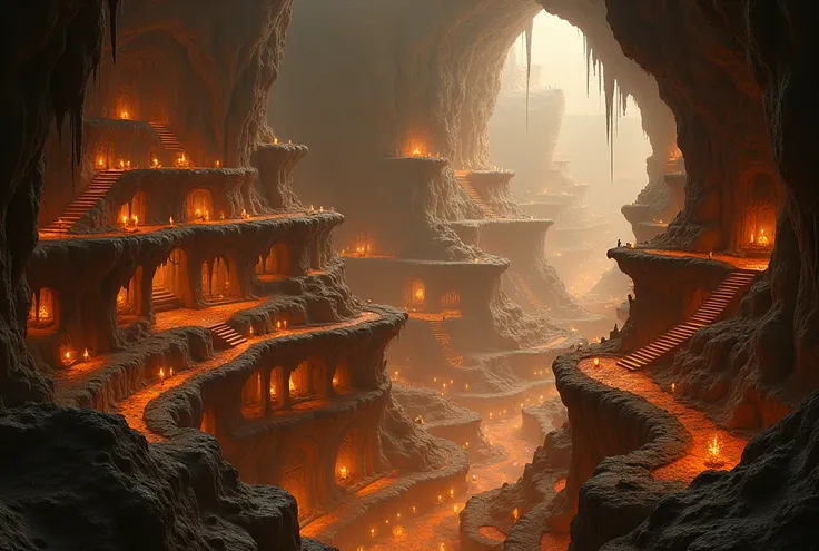 cave city, ((big underground city)), (multiple level), houses with orange lighting with multiple floors
