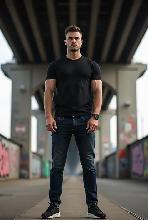 Male model, full body, European descent, wearing a brand new, dark black T-shirt, dark blue jeans, black sports shoes, standing confidently under a massive bridge, graffiti-covered walls in the background, blurred background with a strong bokeh effect, pro...