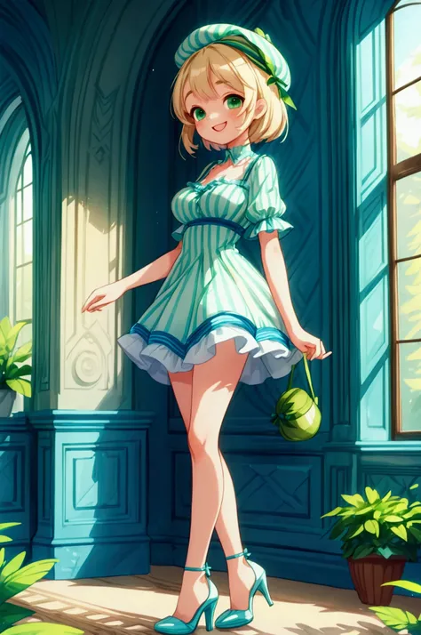 (masterpiece, best quality) 1 girl (Landscape: standing, indoor, intricate detail, sunlight) (Outfit: blue and green frilly striped short dress with short neckline, high heels, beret) (Body: white blonde short wavy hair, green eyes, teen gorgeous body, gor...