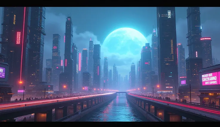 (Raw work)  Cyberpunk Inspired Cities, Illuminated sky,  from behind , Image from scratch,  WIDE LANDSCAPE ,  Future City