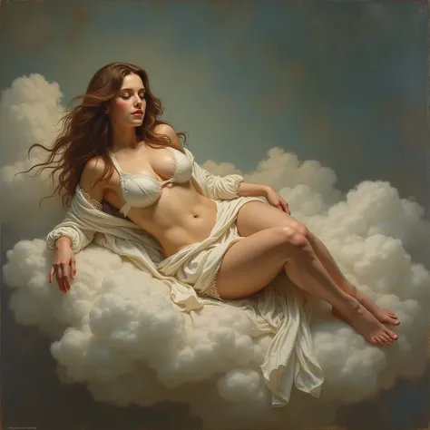 Leonardo da Vinci painting In the center of the painting, a woman beautiful breasts, lies on a cloud, her body wears by a white loincloth robe, brown long hair, elegance pose ,medium body shot