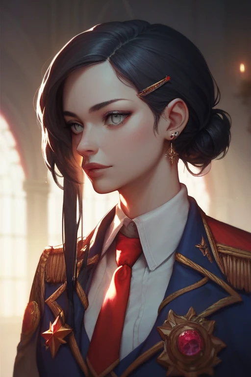 ((best quality)), ((masterpiece)), (detailed), 1girl, stunning, upper body, long hair, black hair, strands of hair, hair bun, hairclips, piercings, grey eyes, emotionless, refined, dim lighting, tie