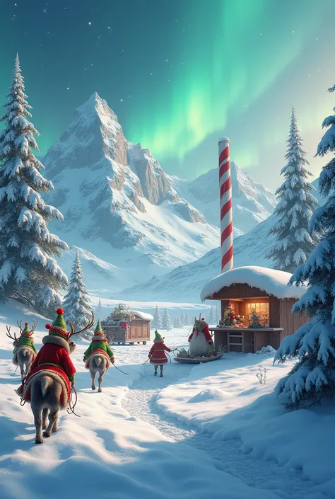  Realistic photo of the North Pole with reindeer , Elves who are busy .  You should recognize that it is just before Christmas and the preliminary reports are in full swing