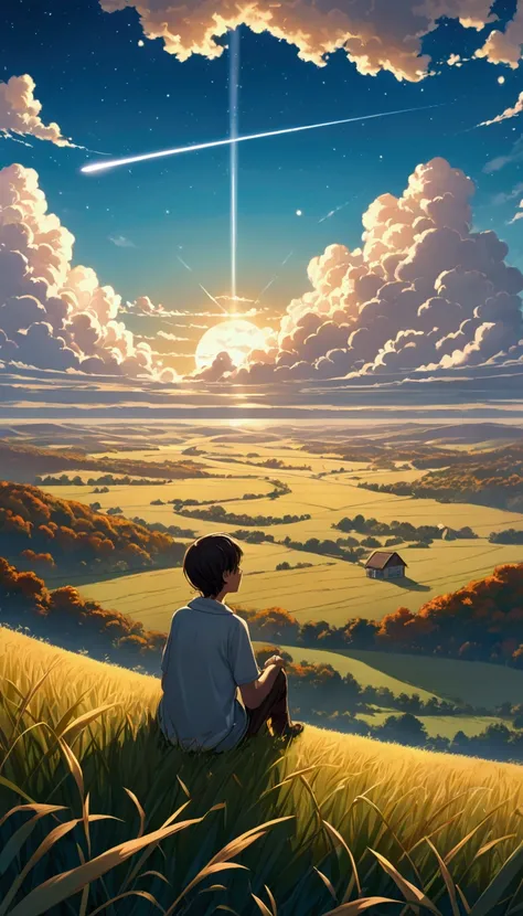 Plane Stars ,       a boy sitting on a cloudy autumn meadow,  watching a vast sky , tall grasses, cloudy, makoto shinkai cyril rolando, 4k anime art wallpaper, 4k anime art wallpaper, Live wallpaper,  anime art wallpaper 8 k , Live wallpaper art,  anime la...