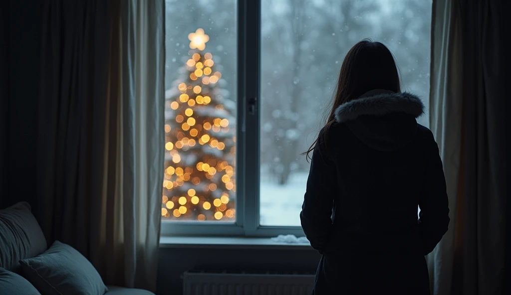 " The Heart Awakened at Christmas : Overcoming Difficulties "  A reflective scene of a person alone in a gloomy room ,  looking out the window at the falling snow . In the background, An illuminated Christmas tree,  remembering the joy of the past .  The s...