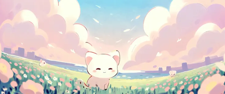 cartoon cat and kittens In a field of flowers with a sky background, Animated visual of cute cats, Kawaii cat, Cute cat, Lovely artwork, sitting In a field of flowers, In a field of flowers, Cute anime, Soft anime illustration, by Eizan This is a gift, Ill...