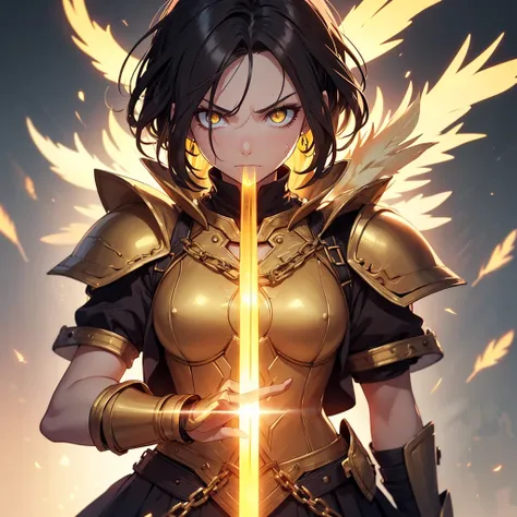 Girl, Anime, Day, Yellow Eyes, Blonde Hair, Small Red Strands, Short Hair With Long Strands, (Hair With Bangs On Forehead, Glowing Eyes, Hair Highlight, 2 Golden Feathers In Hair), Golden Knights Armor Of Chain And Plate, Solid Golden Skirt, Long Brown Boo...