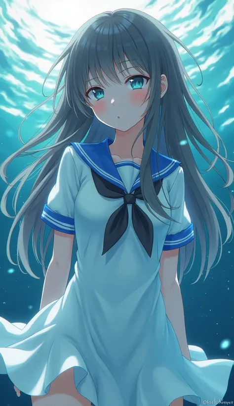 (see-through:1.3),white serafuku,sailor dress, white theme,school uniform, sailor suit, looking at viewer,  insanity, messy long hair, beautiful detailed eyes,Hair glows,dramatic angle,blue sailor collar, perky breasts,light smile,partially underwater shot...