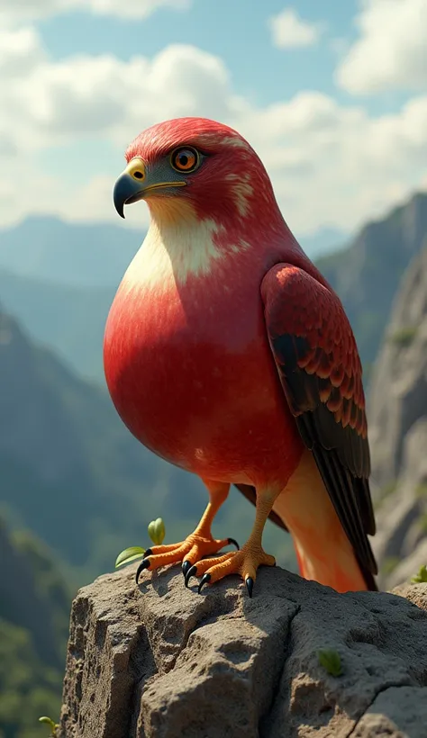 "A surreal yet hyper-realistic hybrid of a hawk and an apple, captured in a wide-angle shot as it perches on the edge of a rocky cliff. The creature’s body is rounded and glossy like a red apple, with the smooth texture of the fruit covering its midsection...