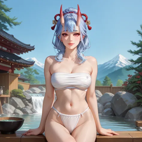 a oni girl, a pair of skin-covered horns, beautiful detailed eyes, sarashi and fukushi, japonese underwear, hot springs 