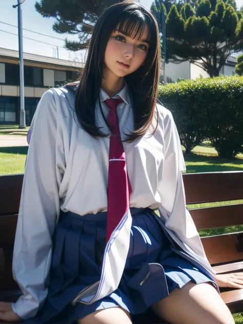    blue Asian woman in white uniform in strict uniform is posing on a bench,   Japanese high school girl uniform  ,  Japanese School Uniform,  Japanese School Uniformを着ている,    the principal is wearing a uniform    , 超  Manga inspired by actual high school ...