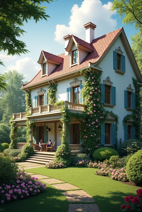 Country house with balcony and surrounding climbing roses.