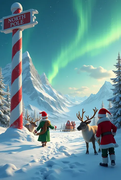  Realistic photo of the North Pole with reindeer , Elves who are busy .  You should recognize that it is just before Christmas and the preliminary reports are in full swing