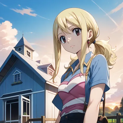 lucy heartfilia, fairy tail, blonde hair, brown eyes, on a farm, blue sky, clear weather, sunrise, plantations in the background, High Resolution, High Details, Anime Style