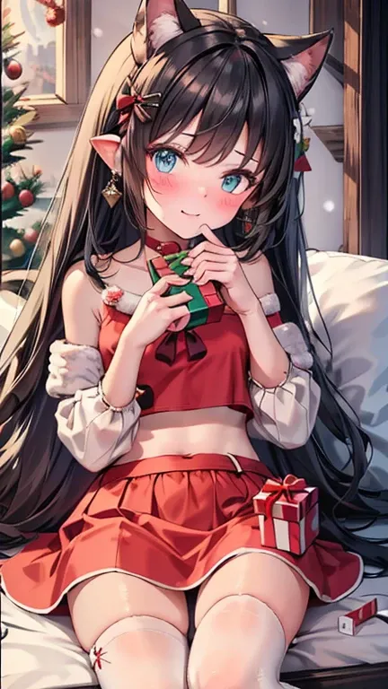 Young woman with long, black hair styled in soft waves, wearing a modern Santa-inspired outfit, sitting on a snowy ground while holding a large, wrapped gift box with both hands extended toward the camera.
She wears a festive red Santa crop top with long s...