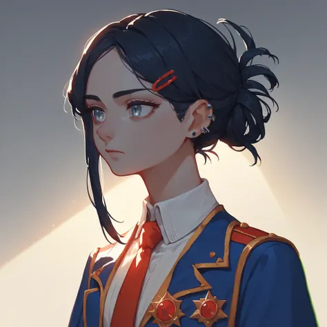 ((best quality)), ((masterpiece)), (simple), 1girl, stunning, upper body, long hair, black hair, strands of hair, hair bun, hairclips, piercings, grey eyes, emotionless, refined, dim lighting, tie