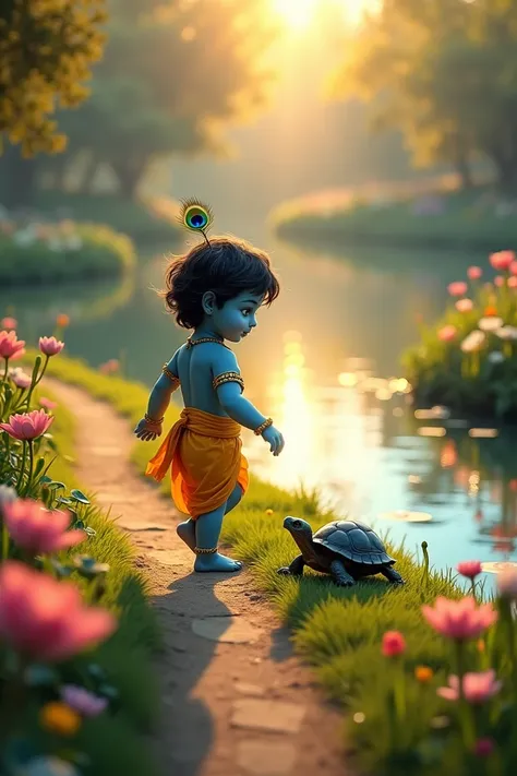 A heartwarming, ultra-detailed 8K high-resolution image of little Krishna walking along a winding path toward a serene pond, accompanied by a small turtle. Krishna, with his glowing blue skin, peacock feather crown, and yellow dhoti, looks joyfully at the ...