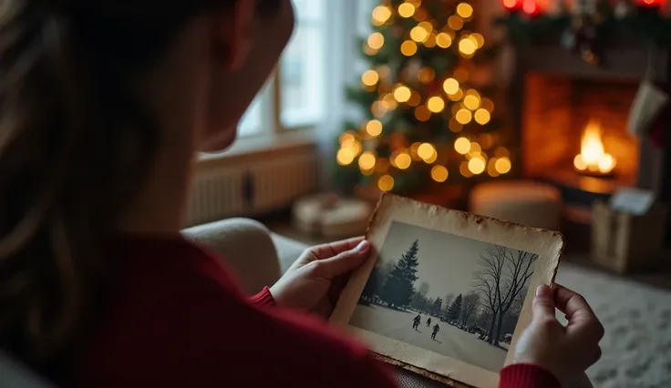 " The Present and the Past : Reflection on Christmas "  An introspective scene of someone looking at an old photo ,  remembering happier past Christmases .  The present is marked by adversity and loss ,  but the image also suggests a reconciliation with ti...