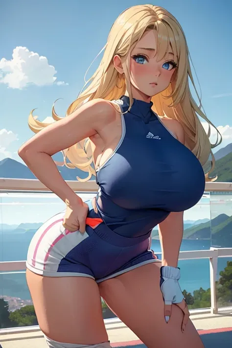  Beautiful blue-eyed blonde girl with huge tits dressed in sportswear that highlights her huge breasts, pink, on a mountain overlooking the sea ,  Full body , sports shorts ,  highlight the shape of the vagina 