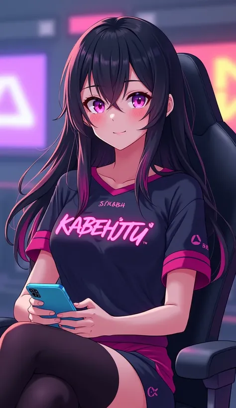 1 sexy girl, Long Hair, Reddish blue eyes, sexy and big breast, Black hair with pink and white mix, Smiling, Half smile, Tsundere, 1 sexy girl, Anime, Backlight, From the front, girl, facing the front, everywhere((velocity)) (((Woman))), (girl while seat o...