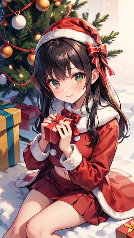 Young woman with long, black hair styled in soft waves, wearing a modern Santa-inspired outfit, sitting on a snowy ground while holding a large, wrapped gift box with both hands extended toward the camera.
She wears a festive red Santa crop top with long s...