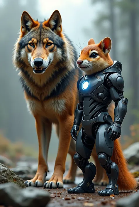 A Wolf and an Ironman-type Chipmunk