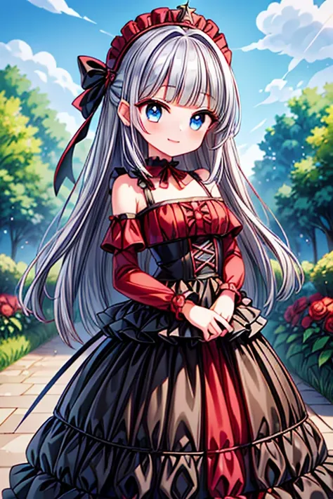  Photoshoot  , cute girl, (( One Girl )), ((baby face:1.4)), ((cute:1.4)), 
break 

((Black and Red:1.4) Gothic Lolita Dress ) :  elegant  + (Quinceanera dress ) + (Red frills) +  Gothic Fashion +  dark gothic  + ((Black and Red) corset) + (Comes with a ri...