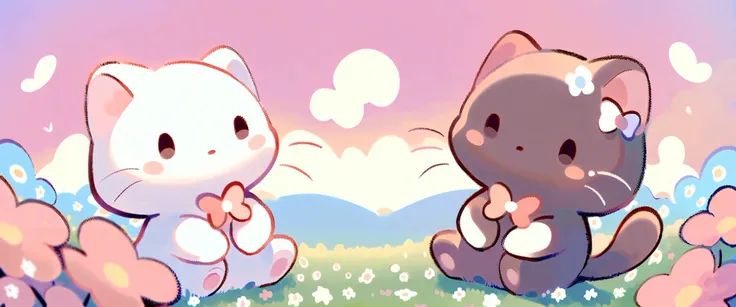 cartoon cat and kittens In a field of flowers with a sky background, Animated visual of cute cats, Kawaii cat, Cute cat, Lovely artwork, sitting In a field of flowers, In a field of flowers, Cute anime, Soft anime illustration, by Eizan This is a gift, Ill...