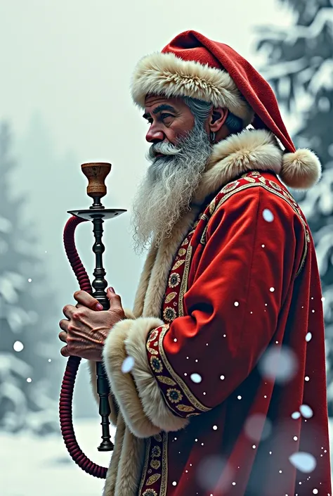 Conceptual art. Double exposure collage. Color sketch. 16K. UHD. high quality, photorealism. Thematic background. Snowy winter. Saint Nicholas. holding a hookah hose, Stunning full color design, sharp focus, intricate details, high detail, perfect anatomy....