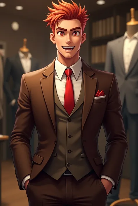 front view, very short hair, red hair, red eyes, spike hair, alone, boy smiling, long sleeves, indoors, suit shop, standing, mouth open, upper body, brown jacket, white shirt, collared shirt, red tie, brown trousers, formal, brown suit, man focus, hands at...